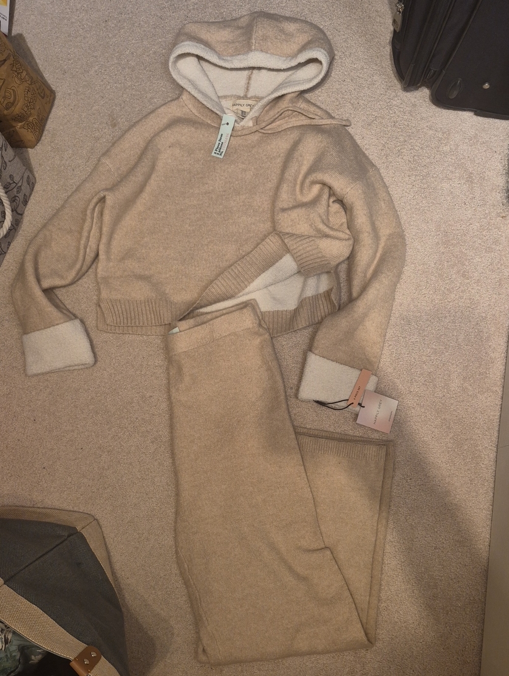 Cozy Hooded Lounge Set - Cream Beige Two-Piece Pajama Set Size M